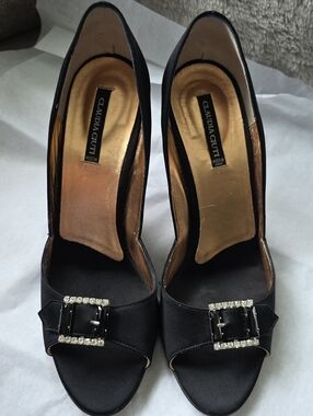Claudia Ciuti Black Satin Peep-Toe Heels with Rhinestone Buckle